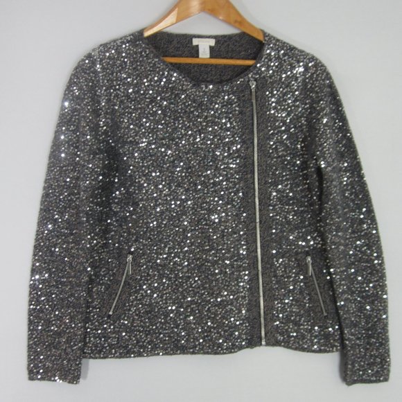 CHICOS 1 Womens Medium Blue Beige LS Silver Sequin Front Zip Wool Blend Sweater - Picture 6 of 11